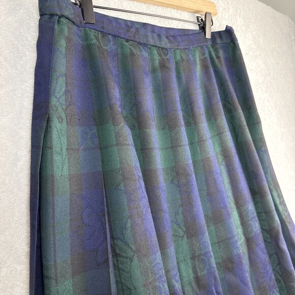 Vtg Pendleton 100% Wool Pleated Skirt 16 Blue Green Tartan Plaid Floral Academia - Picture 2 of 13